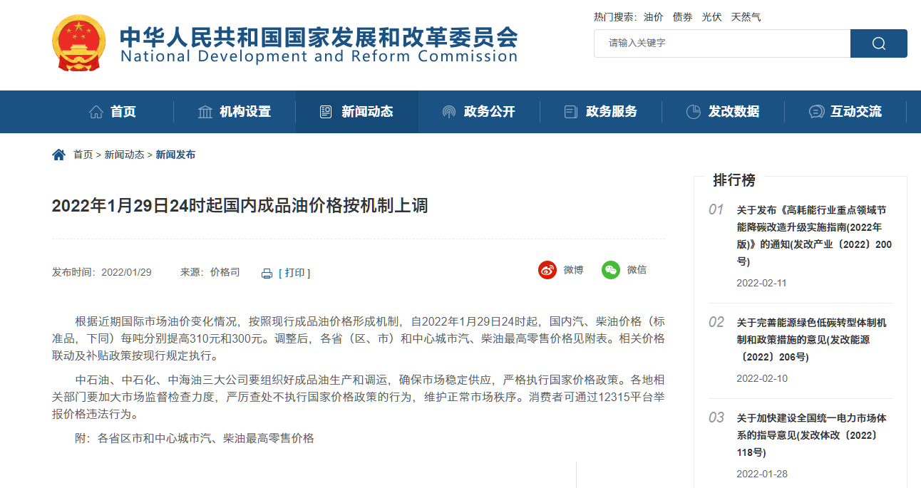 【轉載】2022年1月29日24時起國內成品油價格按機制上調